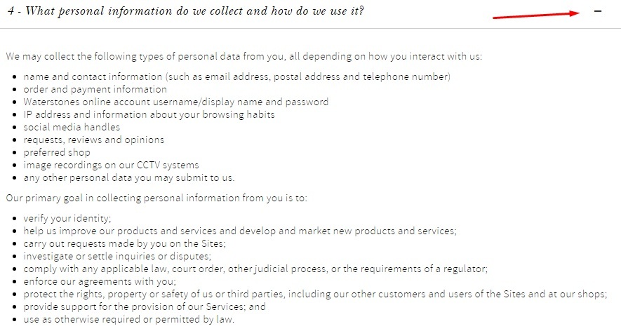 Waterstones Privacy Policy: What personal information do we collect and how do we use it clause excerpt