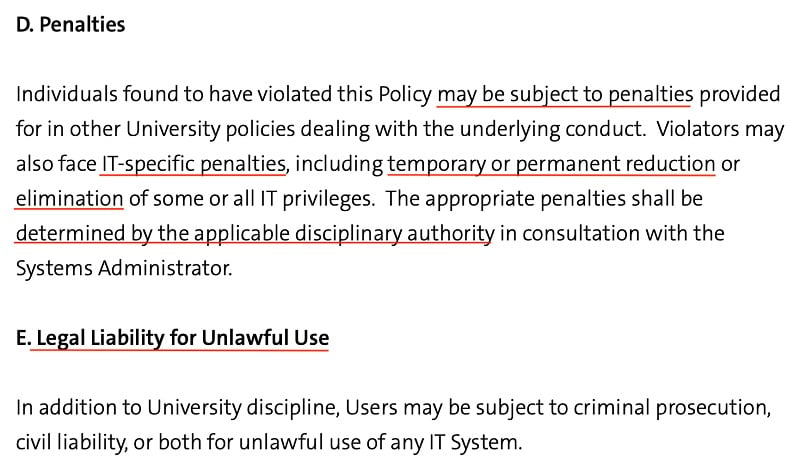 Yale University IT Appropriate Use Policy: Penalties and Legal Liability for Unlawful Use clauses