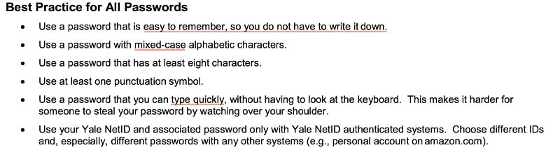 Yale University Selecting Good Passwords guide: Best Practice for All Passwords section