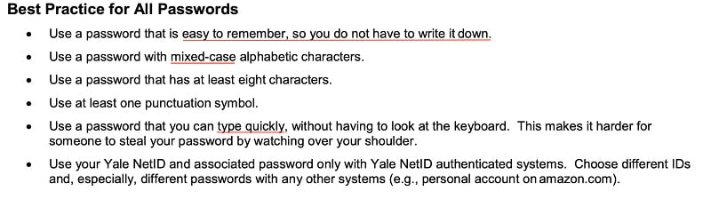 Yale University Selecting Good Passwords guide: Best Practice for All Passwords section