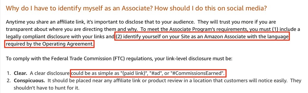 Amazon Associates Help: Identifying yourself as an associate on social media section