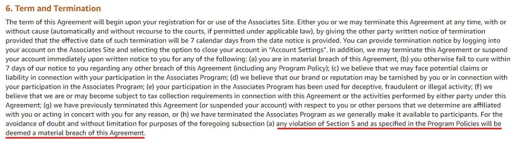 Amazon Associates Program Operating Agreement: Term and Termination section