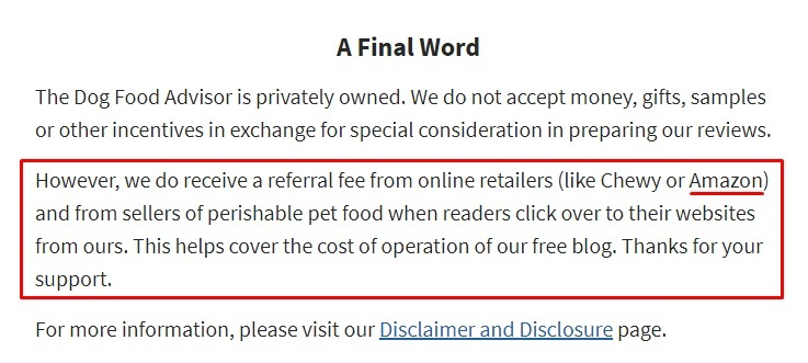 The Dog Food Advisor blog: Affiliate disclaimer