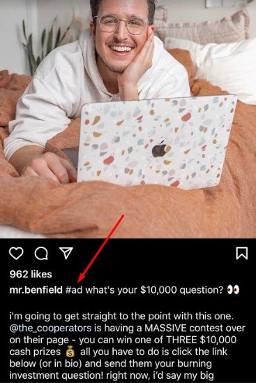 Mr Benfield Instagram post with ad hashtag highlighted