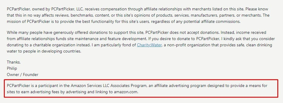 PCPartPicker Disclosure: Amazon Associates section highlighted