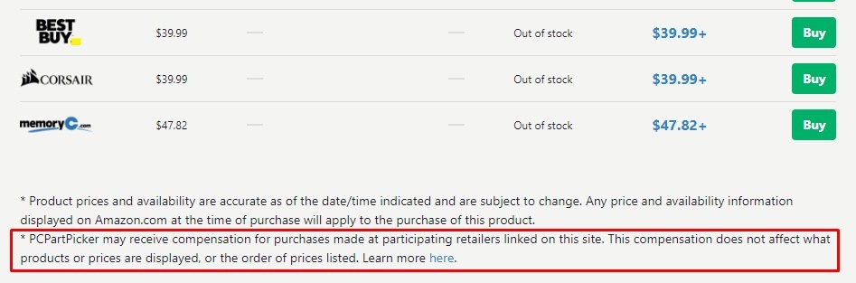 PCPartPicker product page with affiliate disclaimer highlighted