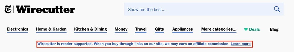 Wirecutter homepage with affiliate disclaimer highlighted