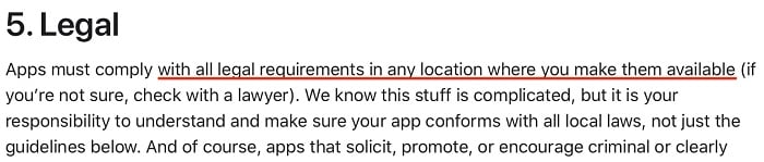 Apple App Store Review Guidelines: Legal section - Comply with legal requirements highlighted