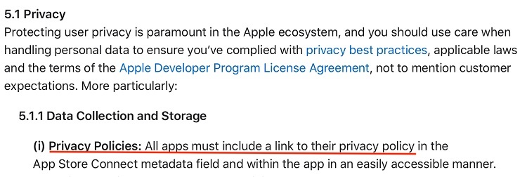 Apple App Store Review Guidelines: Legal section - Privacy - Data Collection and Storage - Privacy Policies requirement highlighted