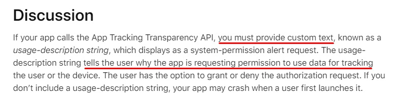 Apple NSUserTrackingUsageDescription: Discussion section introduction