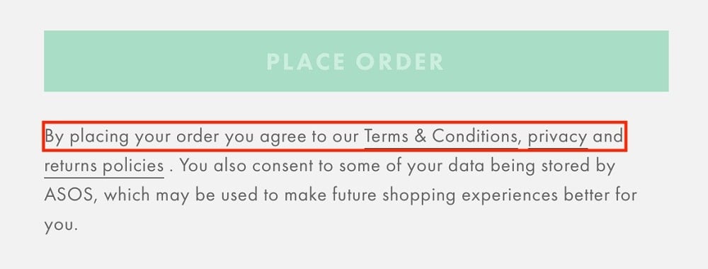 ASOS checkout form with legal agreements highlighted