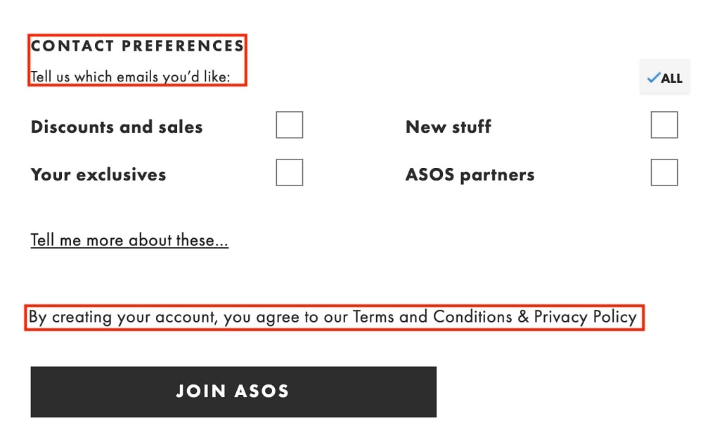 ASOS create an account form with contact preferences and legal agreements highlighted