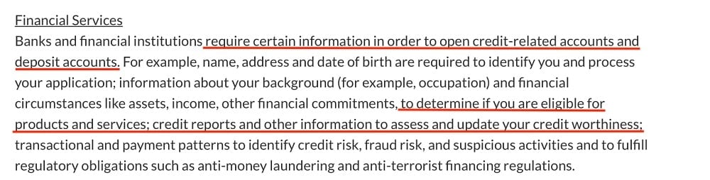 Canadian Tire Privacy Policy: Why do we need your personal information clause - Financial Services section