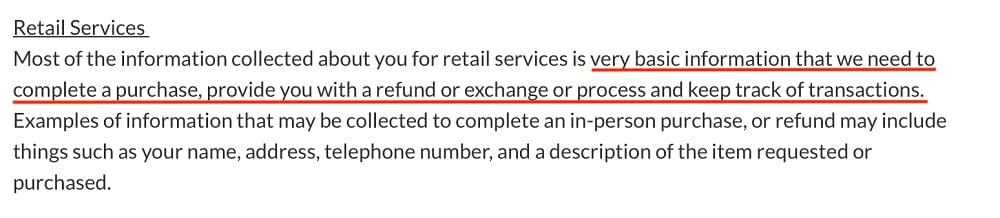 Canadian Tire Privacy Policy: Why do we need your personal information clause - Retail Services section