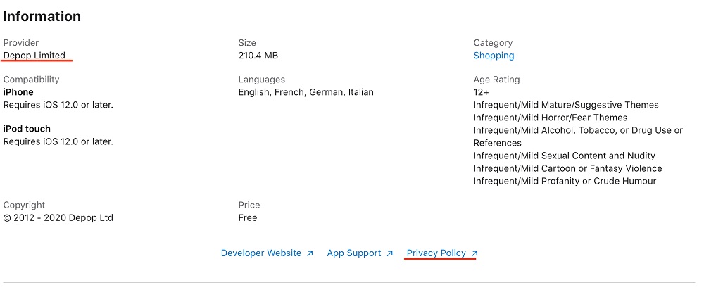 Depop Apple App Store listing: Information section - Privacy Policy link highlighted