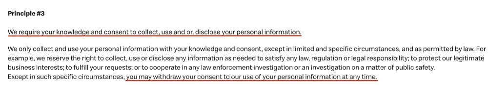 McDonalds Privacy Policy and Principles: Principle 3 - Consent clause