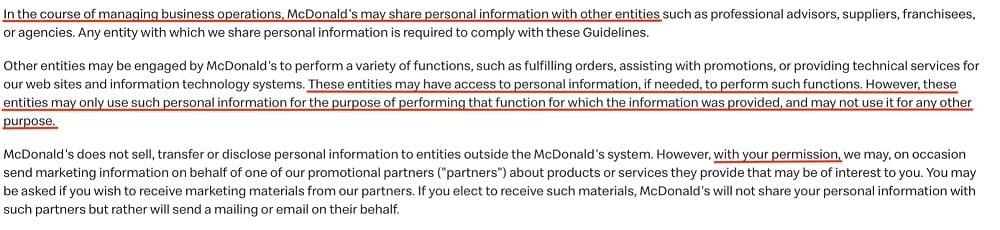 McDonalds Privacy Policy and Principles: Principle 5 - Limit the use and disclosing of personal information clause