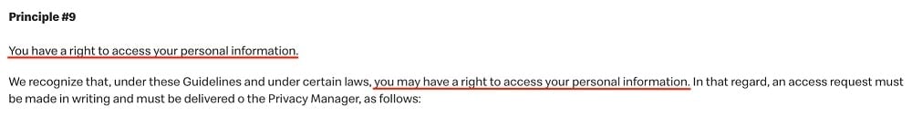 McDonalds Privacy Policy and Principles: Principle 9 - Right to access personal information clause