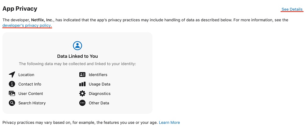 Netflix Apple app Privacy Nutrition Label with Privacy Policy link highlighted