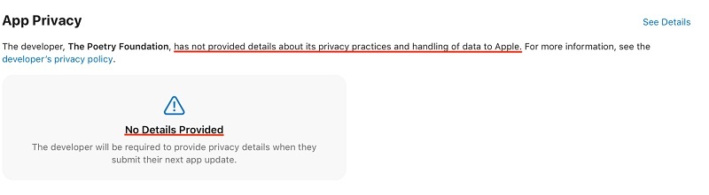 Poetry Magazine Apple app Privacy Nutrition Label with No Details Provided