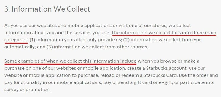 Starbucks Privacy Policy: Information We Collect clause