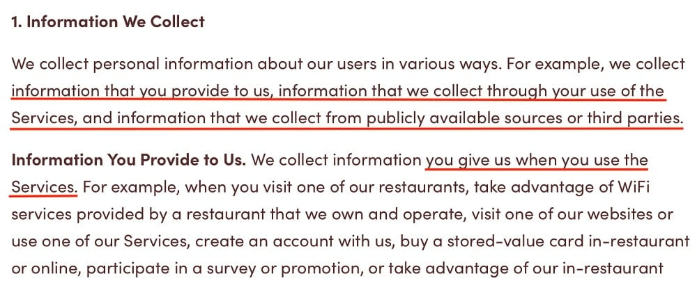 Tim Hortons Privacy Policy: Information We Collect clause