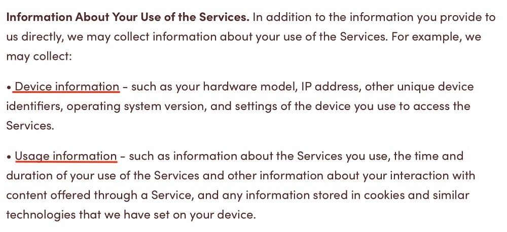 Tim Hortons Privacy Policy: Information Collected About Your Use of the Services clause