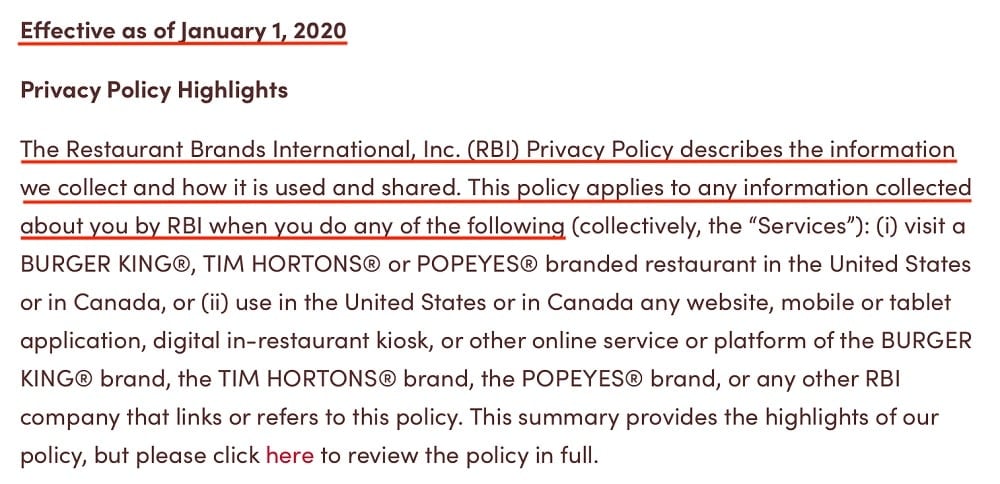 Tim Hortons Privacy Policy: Introduction clause and effective date