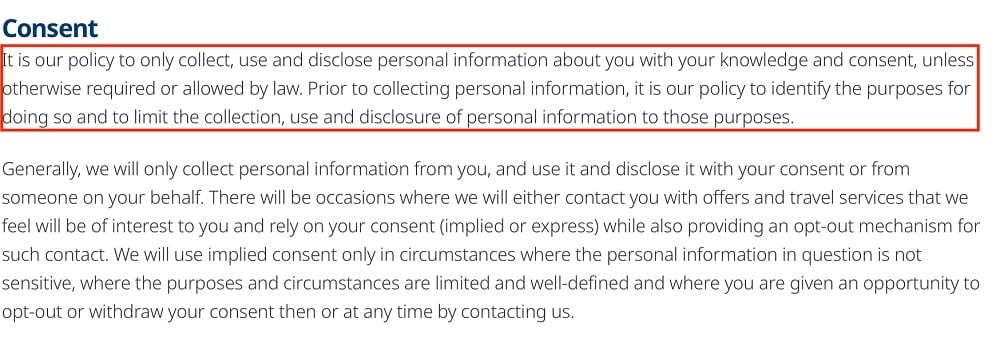 WestJet Privacy Policy: Consent clause