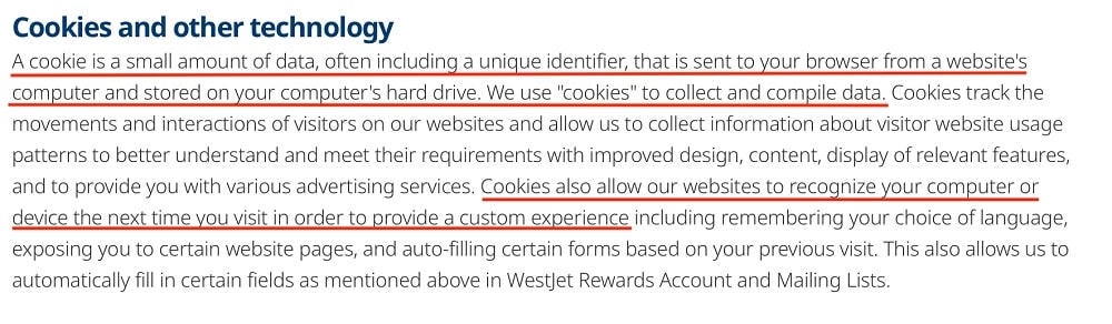 WestJet Privacy Policy: Cookies and other technology clause - Definition and uses of cookies section