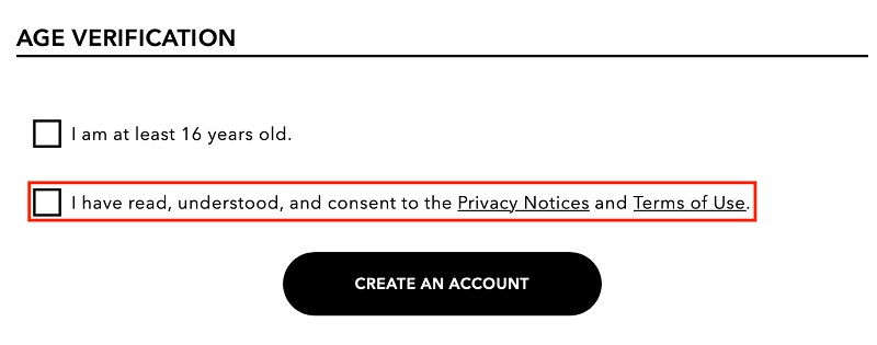 American Eagle UK Create Account form with consent checkbox highlighted