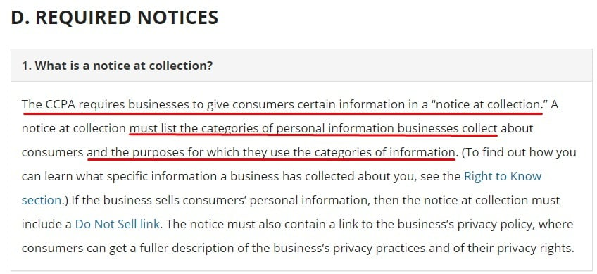 California Office of the Attorney General: CCPA - Required Notices - What is a notice at collection section