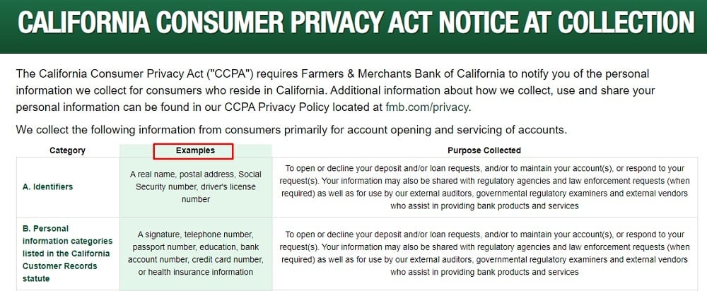 Farmers and Merchants Bank: CCPA Notice at Collection chart excerpt with Examples highlighted