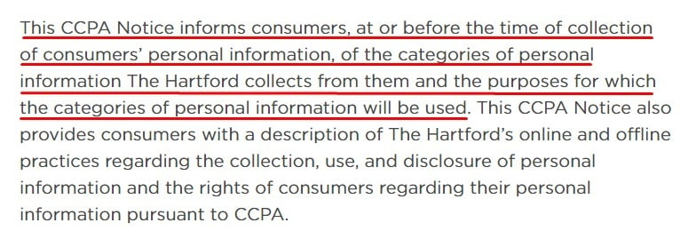 The Hartford CCPA Privacy Policy and Notice at the Time of Collection: Notice of Collection clause