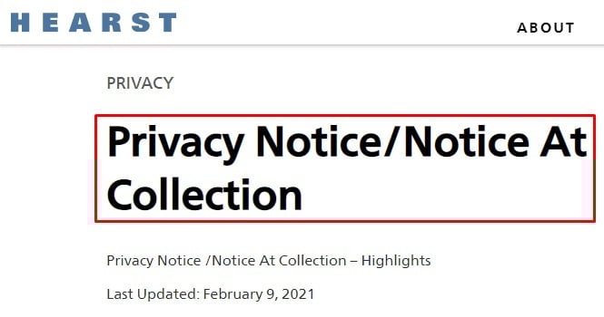 Hearst Privacy Notice and Notice at Collection agreement title