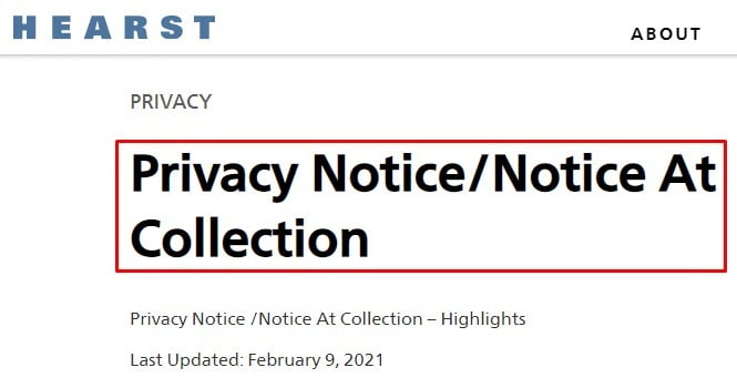 Hearst Privacy Notice and Notice at Collection agreement title