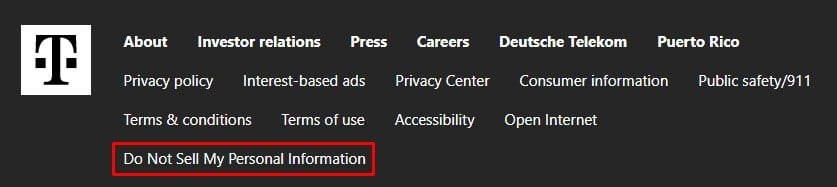 T-Mobile website footer with Do Not Sell My Personal Information link highlighted