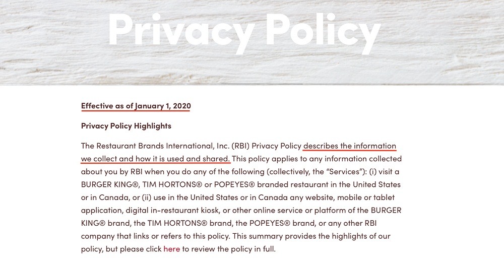 Tim Hortons Privacy Policy: Introduction clause
