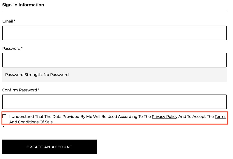 7 For All Mankind Create Account form with consent checkbox highlighted