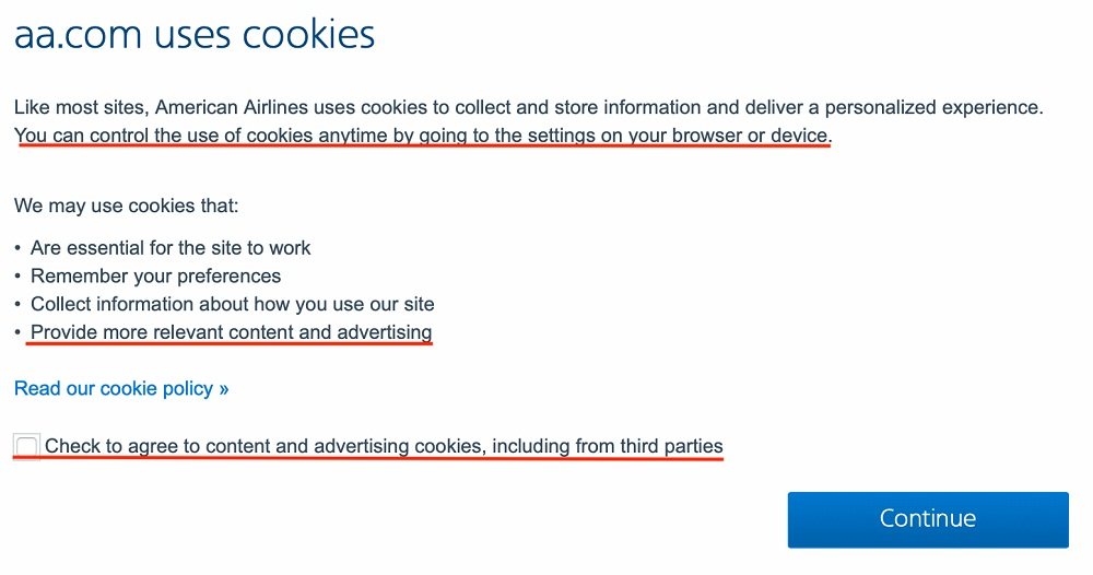 American Airlines Cookie Consent Notice