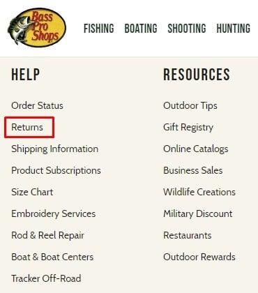 Bass Pro Shops website footer with Returns link highlighted