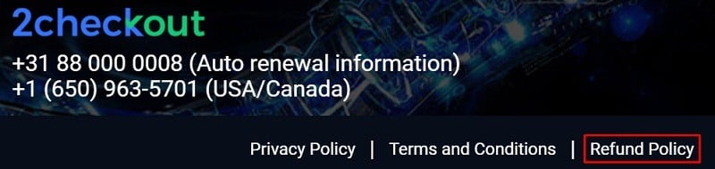 Bitdefender checkout page footer with Refund Policy link highlighted