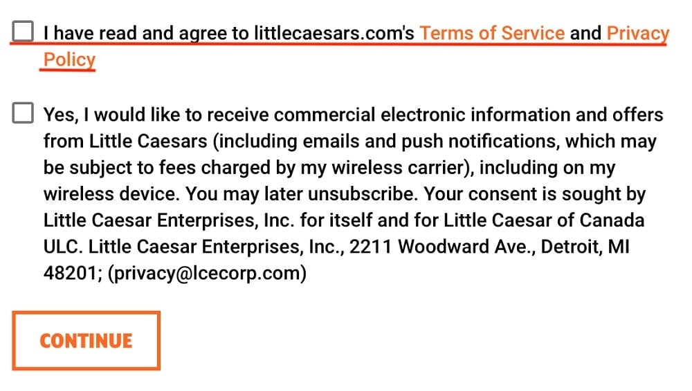 Little Caesars Create Account form with checkboxes