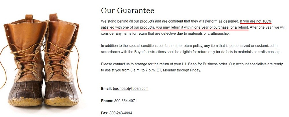 LL Bean Satisfaction Guarantee page screenshot