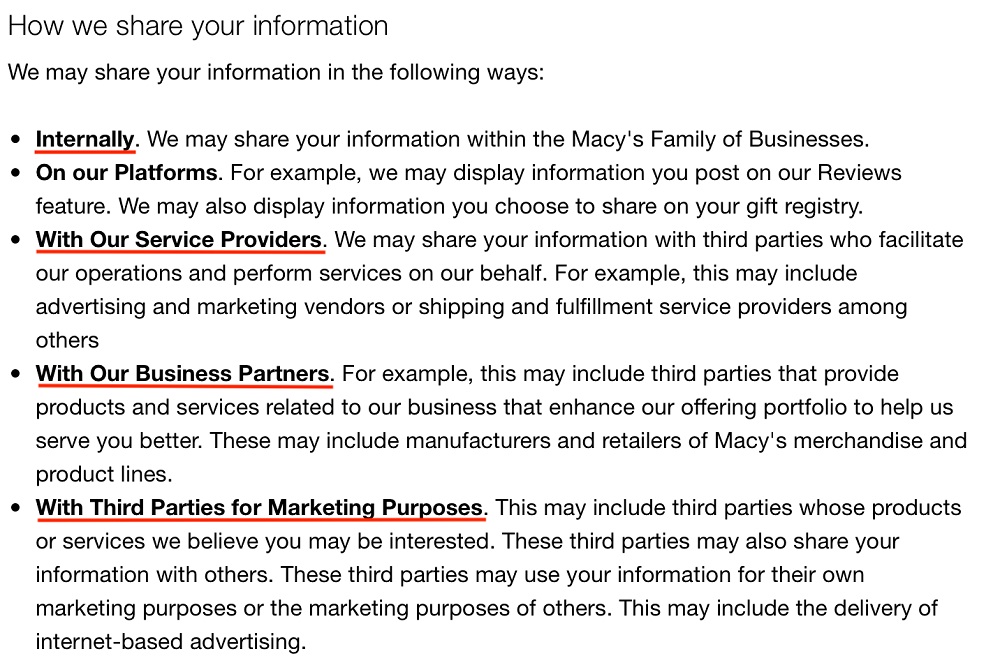 Macys Highlights of Notice of Privacy Practices: How we share your information clause