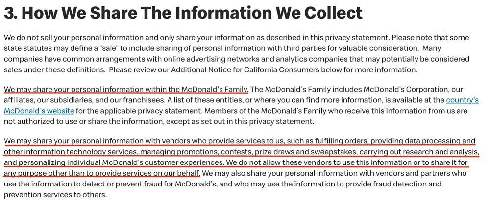 McDonalds Global Privacy Statement: How We Share The Information We Collect clause