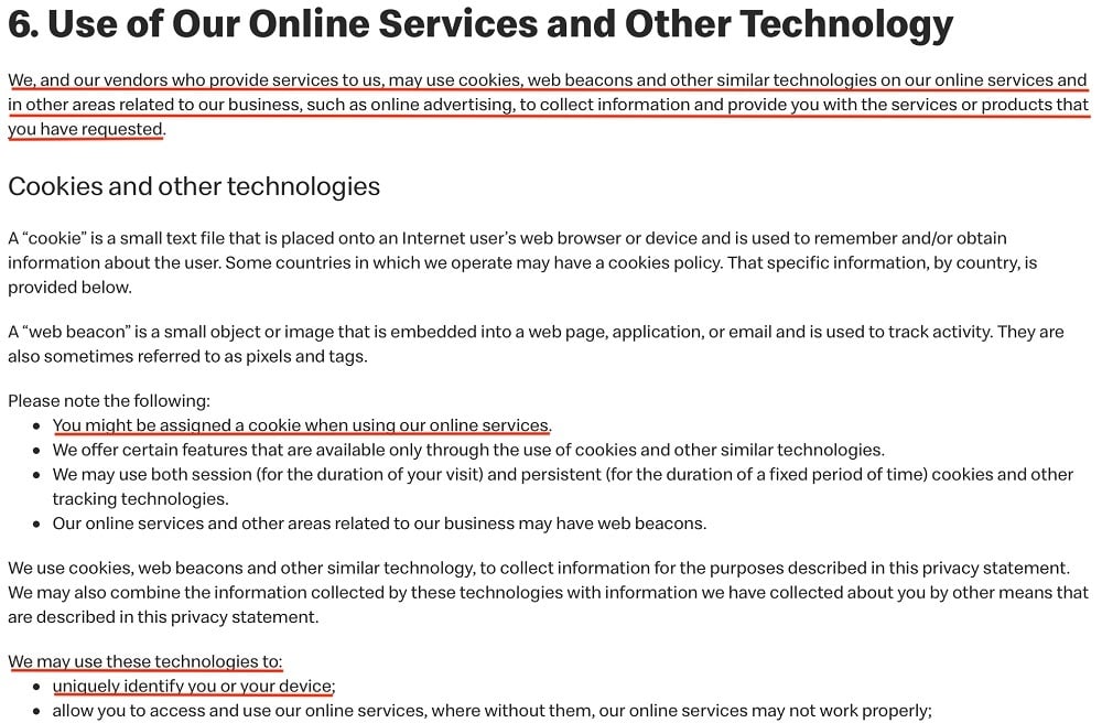 McDonalds Global Privacy Statement: Use of Our Online Services and Other Technology clause