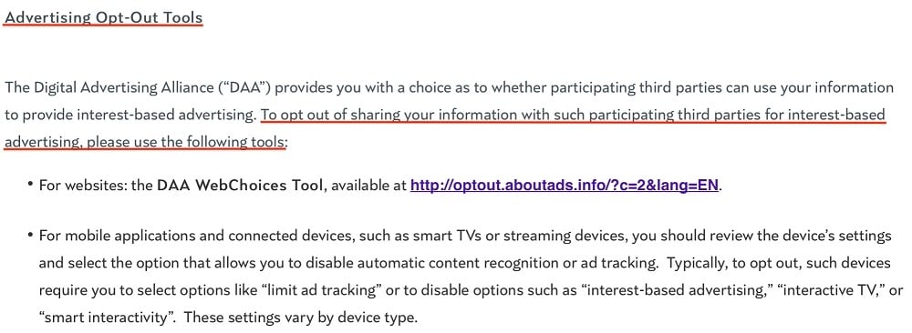 NBCUniversal Do Not Sell My Personal Information page: Advertising Opt-Out Tools section