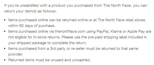 The North Face Return Policy: Return instructions list