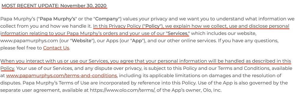 Papa Murphys Privacy Policy: Introduction section